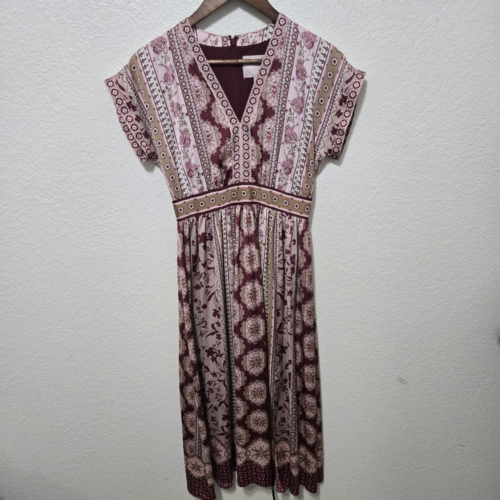 Gal Meets Glam Liza Print Charmeuse Dress In Wine/ Taupe short sleeve midi dress